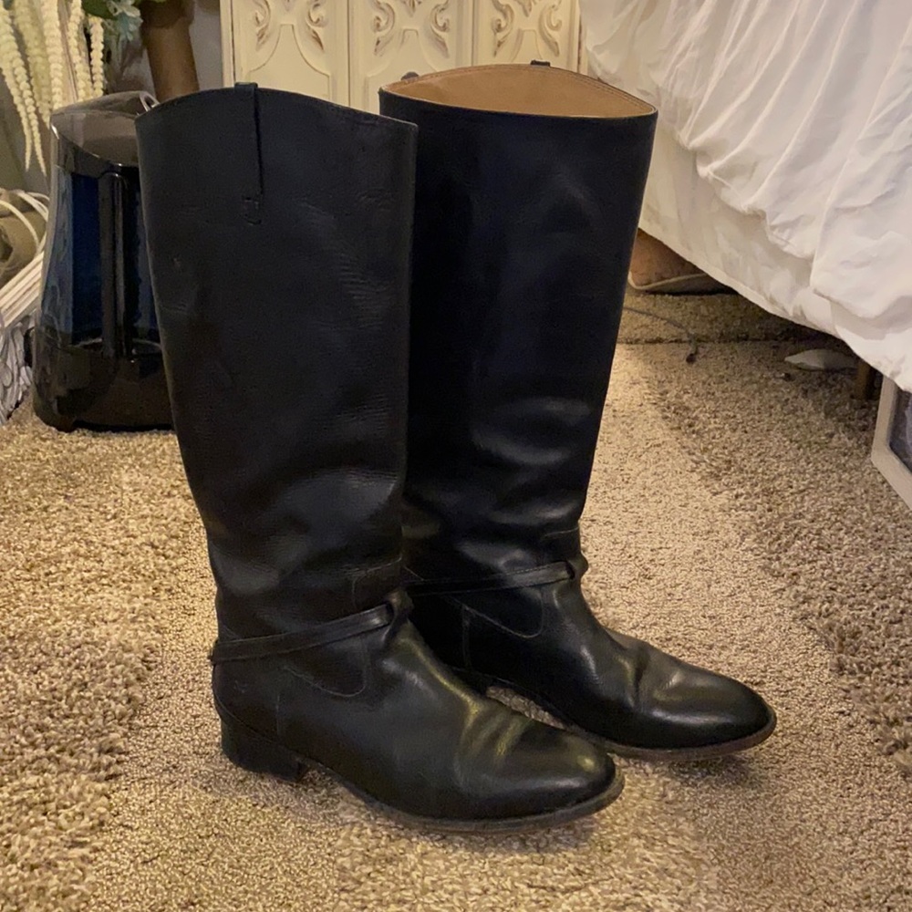Black Frye knee high boots with ankle strap detail perfectly worn in